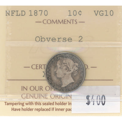 SOLD Newfoundland 1870 Obv. 2 10 Cents Dime Silver Coin - ICCS VG-10