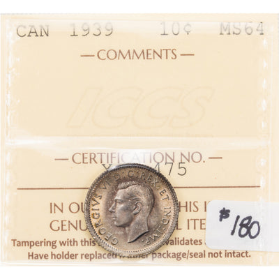 SOLD Canada 1939 10 Cents Dime Silver Coin - ICCS MS-64