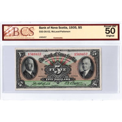 $5 1935 Bank of Nova Scotia Chartered Note #550-36-02 - BCS AU-50