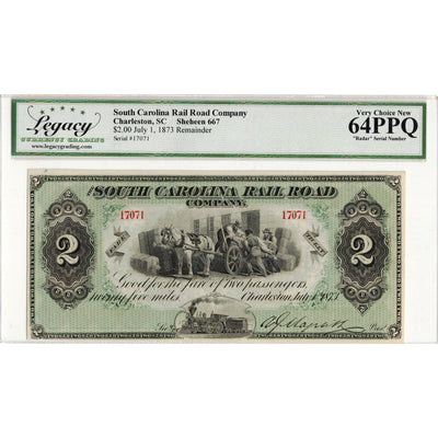 United States 1873 $2 South Carolina Rail Road Company Remainder Radar Note - Legacy Ch UNC-64 PPQ