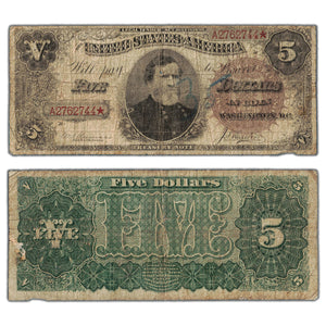 SOLD United States 1890 $5 Treasury Note "Ornate Back" - Writing/Small Hole