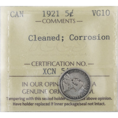 SOLD Canada 1921 5 Cents Silver Coin - ICCS VG-10 (cleaned/corrosion)