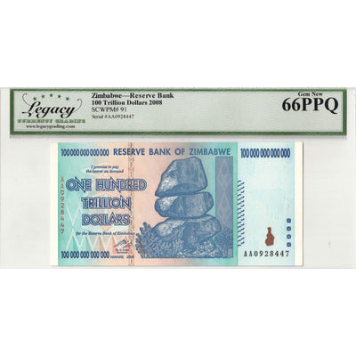 SOLD Zimbabwe 2008 100 Trillion Dollars Note P #91 - Legacy Gem UNC-66 PPQ
