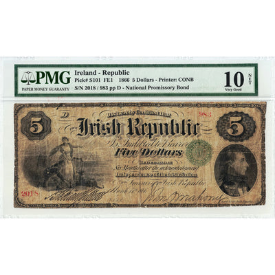 SOLD Ireland Republic 1866 $5 Five Dollars National Promissory Bond Note P #S101 - PMG VG-10 NET