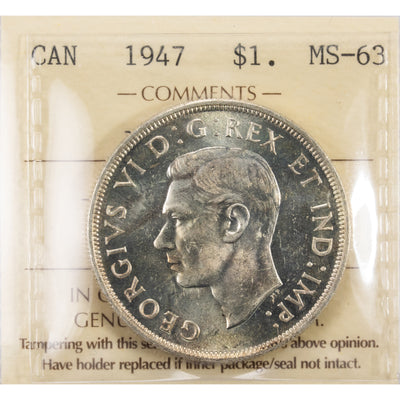 SOLD Canada 1947 Blunt 7 $1 Silver Dollar Coin - ICCS MS-63