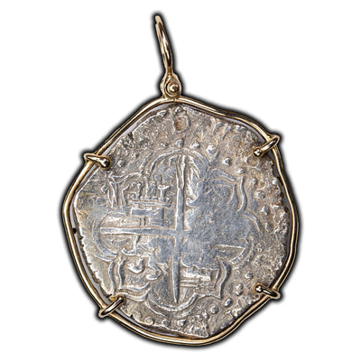 SOLD Bolivia N.D Shield Type Potosi Mint 8 Reales Cob Silver Coin - In Gold Bezel
