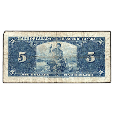 SOLD $5 1937 Bank of Canada Note Gordon-Towers O/C Prefix BC-23b - Small Tear