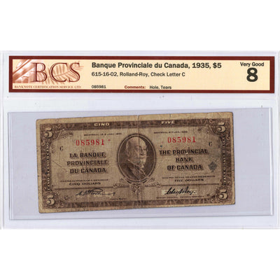 SOLD $5 1935 Banque Provinciale du Canada Chartered Note #615-16-02 - BCS VG-8