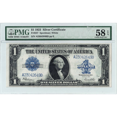 SOLD United States 1923 $1 Silver Certificate Note Fr. 237 - PMG AU-58 EPQ