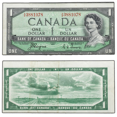 SOLD $1 1954 Bank of Canada Note Devil Face A/A Prefix - Light Cutting Error