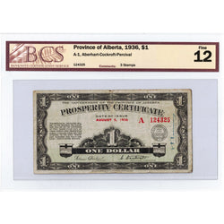 SOLD $1 1936 Province of Alberta Prosperity Certificate Note 3 Stamps A-1 - BCS F-12