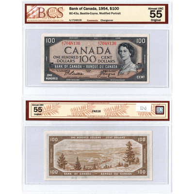 SOLD $100 1954 Bank of Canada Note Beattie-Coyne A/J Prefix BC-43a - BCS AU-55