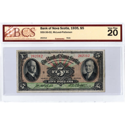 $5 1935 Bank of Nova Scotia Chartered Note #550-36-02 - BCS VF-20