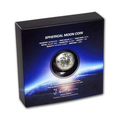 Barbados 2019 $5 Moon Landing Spherical 1oz .999 Fine Silver Coin - Box & COA