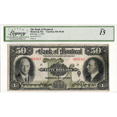 $50 1931 Bank of Montreal Canada Chartered Note #505-58-08 - Legacy F-15