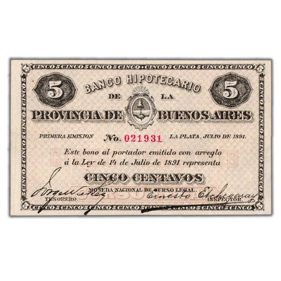 Argentina Banco Hipotecario 1891 5 Centavos Note P #S611 - VF