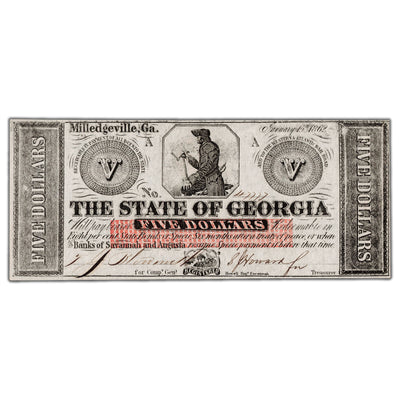 SOLD United States 1862 The State of Georgia $5 Five Dollars Note - UNC