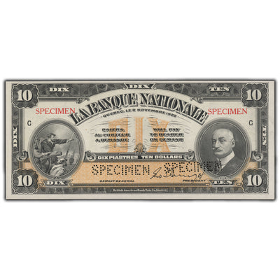SOLD $10 1922 La Banque Nationale Canada Note - Specimen Issue