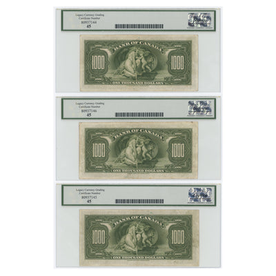 SOLD $1000 1935 Bank of Canada Notes English Text BC-19 - Set of 3 Legacy EF-45