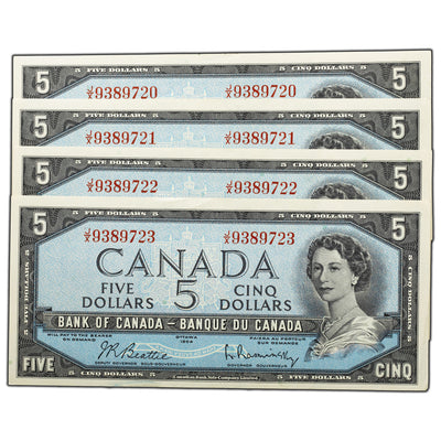 SOLD $5 1954 Bank of Canada Notes Beattie-Rasminsky J/X Prefix BC-39b - 4 Consecutive