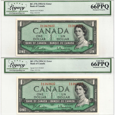 SOLD $1 1954 Bank of Canada Notes Misaligned Serials From Same Sheet - Legacy 66 PPQ