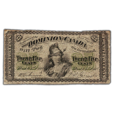 25 Cents 1870 Dominion of Canada Shinplaster Note Letter 'A' DC-1a - VG (pinholes)