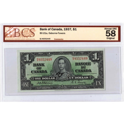 SOLD $1 1937 Bank of Canada Note Osborne Signature BC-21a - BCS AU-58