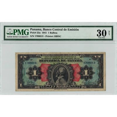 Panama 1941 1 One Balboa Note P #22a - PMG VF-30 Net