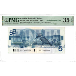 $5 1986 Bank of Canada Note GOY Prefix BC-56c - Offset Printing Error - PMG VF-35 EPQ