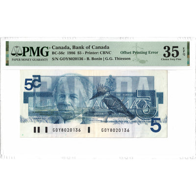 $5 1986 Bank of Canada Note GOY Prefix BC-56c - Offset Printing Error - PMG VF-35 EPQ