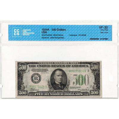 SOLD United States 1934-A $500 Note New York Fr. 2202B - CCCS VF-30 (minor writing)