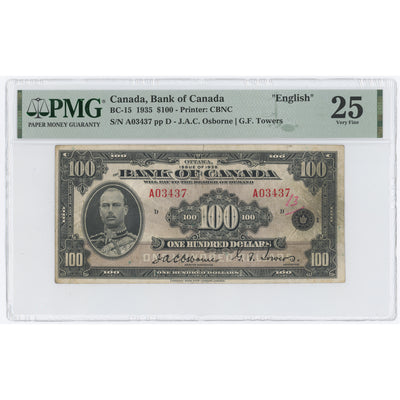 SOLD $100 1935 Bank of Canada English Text Note BC-15 - PMG VF-25 (annotation)