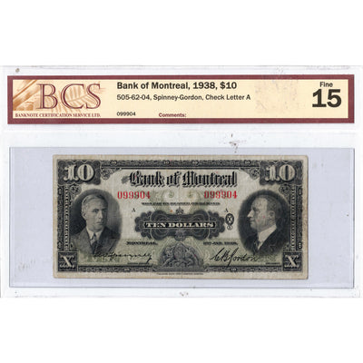 $10 1938 Bank of Montreal Canada Chartered Note #505-62-04 - BCS F-15