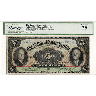 SOLD $5 1929 Bank of Nova Scotia Canada Chartered Note #550-34-02 - Legacy VF-25