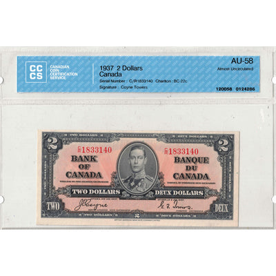 $2 1937 Bank of Canada Note Coyne-Towers C/R Prefix BC-22c - CCCS AU-58