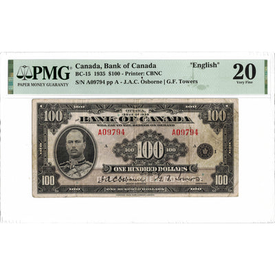 SOLD $100 1935 Bank of Canada Note English Text BC-15 - PMG VF-20
