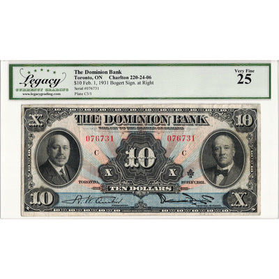 $10 1931 The Dominion Bank Canada Chartered Note #220-24-06 - Legacy VF-25