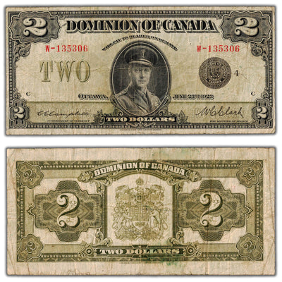 SOLD $2 1923 Dominion of Canada Note Black Seal Series W DC-26l - Fine