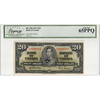 SOLD $20 1937 Bank of Canada Note Gordon-Towers D/E Prefix BC-25b - Legacy UNC-65 PPQ