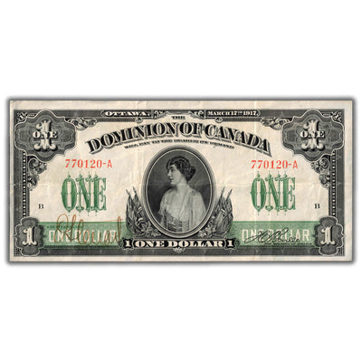 SOLD $1 1917 Dominion of Canada Note No Seal Boville Suffix A DC-23a - VF+