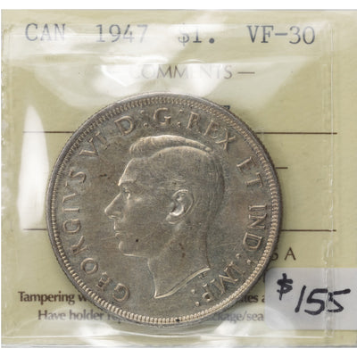 SOLD Canada 1947 Blunt 7 $1 Silver Dollar Coin - ICCS VF-30