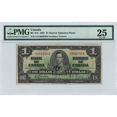 SOLD $1 1937 Bank of Canada Note J/A Narrow Panel BC-21b - PMG VF-25