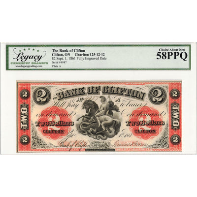 SOLD $2 1861 Bank of Clifton Chartered Note #125-12-12 - Legacy AU-58 PPQ