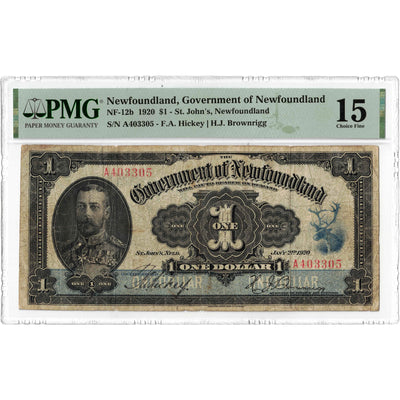 SOLD $1 1920 Government of Newfoundland Note NF-12b - PMG F-15