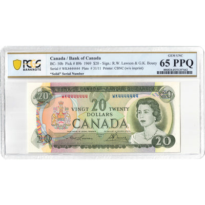 SOLD $20 1969 Bank of Canada Note WK Prefix BC-50b Solid Serial 4's - PCGS UNC-65 PPQ