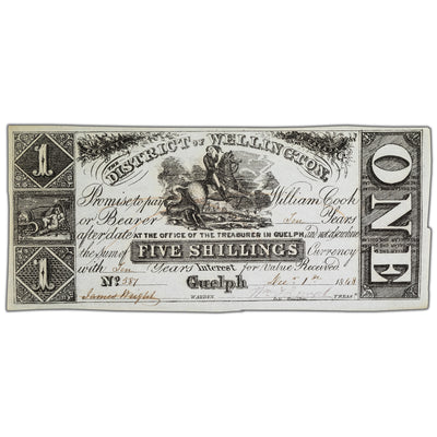 SOLD $1 5 Shillings 1848 District of Wellington Guelph, ON Note - Staple Hole