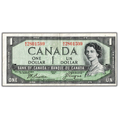 $1 1954 Bank of Canada Note Devil Face M/A Prefix BC-29b - VF/EF