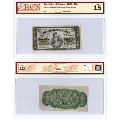 SOLD 25 Cents 1870 Dominion of Canada Shinplaster Note DC-1c - BCS F-15