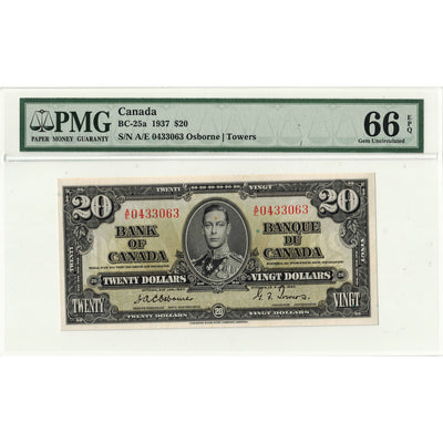 SOLD $20 1937 Bank of Canada Note Osborne Signature BC-25a - PMG Gem UNC-66 EPQ