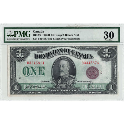SOLD $1 1923 Dominion of Canada Note Bronze Seal  Series B DC-25i - PMG VF-30